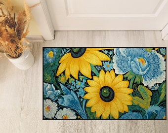 Art Deco Sunflower Floor Mat, Bold Floral Kitchen Rug, Yellow Botanical Area Mat, Heavy Duty Garden Decor, Vibrant Flower Power Home Rug