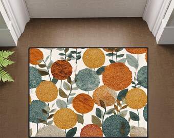 Modern Floral Floor Mat, Mid Century Marigold Rug, Orange Teal Flower Mat, Abstract Botanical Rug, Retro Style Entryway Mat, Colorful Home