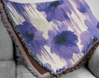 Glitch Violet Floral Woven Blanket, Abstract Purple Flower Tapestry, Modern Dripping Paint Couch Throw, Edgy Grunge Aesthetic Bedding