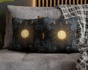 Celestial Moon Sun Throw Pillow, Mystic Stars Navy Gold Cushion, Celestial Home Decor, Astronomy Lover Gift, Moon Phase Accent Pillow