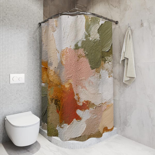 Tenda da doccia con arte astratta terrosa, decorazioni per il bagno verde salvia e ocra, pittura moderna con texture, tenda da bagno in tessuto boho chic, biologica