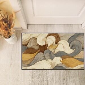 Abstract Golden Smoke Floor Mat, Marble Swirl Welcome Mat, Heavy Duty Neutral Tone Door Mat, Modern Zen Entry Rug, Sophisticated Home Decor