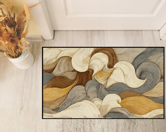 Abstract Golden Smoke Floor Mat, Marble Swirl Welcome Mat, Heavy Duty Neutral Tone Door Mat, Modern Zen Entry Rug, Sophisticated Home Decor
