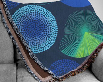 Abstract Mosaic Circle Woven Blanket, Blue Green Geometric Tapestry, Modern Dotted Pattern Throw, Contemporary Cotton Throw Blanket, Gift