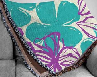 Retro Floral Woven Blanket, Teal and Purple Flower Tapestry, Cute Botanical Couch Throw, 70s Aesthetic Bedding, Funky Apartment Decor