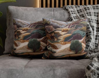 Tapestry Landscape Pillow, Fiber Art Hillside Cushion, Earthy Tones