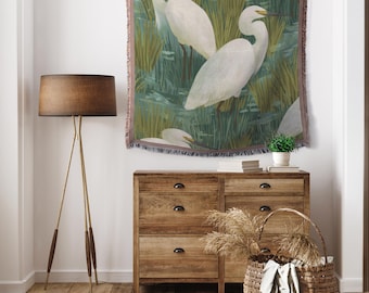 Egret Woven Blanket, Green Marshland Folk Art Throw, Mid-Century Modern Bird Decor