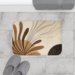 Boho Abstract Bath Mat, Earth Tone Bathroom Rug, Mid Century Modern Floor Decor, Minimalist Heavy Duty Bathmat, Natural Organic Shape Rug