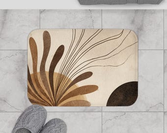 Boho Abstract Bath Mat, Earth Tone Bathroom Rug, Mid Century Modern Floor Decor, Minimalist Heavy Duty Bathmat, Natural Organic Shape Rug
