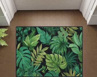Tropical Leaf Floor Mat, Emerald Green Botanical Door Mat, Heavy Duty Jungle Entryway Rug, Exotic Plant Home Decor