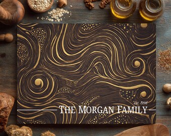 Luxury Gold and Black Abstract Glass Cutting Board, Elegant Swirl Pattern Kitchen Decor, Personalized Glam Charcuterie Board, Modern Gift