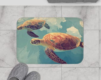 Sea Turtle Bathroom Rug, Turquoise Ocean Life Bath Mat, Marine Animal Decor, Heavy Duty Non Slip Mat, Coastal Sea Turtle Gift, Blue Bath Rug