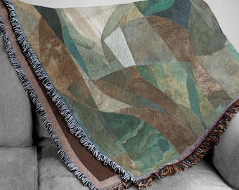 Abstract Earth Tone Woven Blanket, Geometric Stone Mosaic Tapestry, Organic Marble Wall Art, Brown Green Blue Throw, Modern Textural Decor