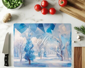 Geometric Winter Landscape Glass Cutting Board, Blue and White Cubist Forest Decor, Personalized Holiday Kitchen Gift, Modern Glass Server