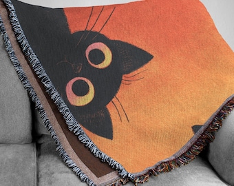 Cute Black Cat Woven Blanket, Sunset Kitten Tapestry, Minimalist Pet Wall Art, Orange Eyes Cat Throw, Playful Home Decor,Gift for Cat Lovers