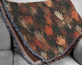 Tribal Hands Woven Blanket, Folk Art Pattern Tapestry, Earthy Red Brown Wall Art, Symbolic Hand Throw, Boho Ethnic Decor, Unity Art Gift