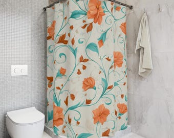 Vintage Floral Shower Curtain, Peach Orange Flower Bath Decor, Teal Vine Botanical Pattern, Elegant Shabby Chic, Cream Background Bath Set