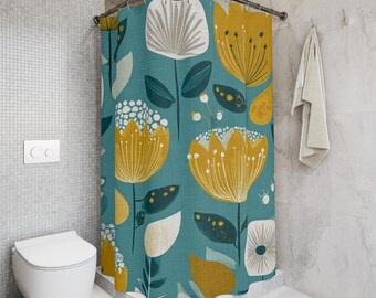Mid Century Modern Floral Shower Curtain, Retro Yellow Flower Bath Decor, Scandinavian Teal Bathroom, Funky 60s Style, Mod Botanical Art