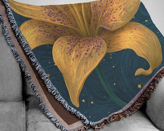 Starry Night Lily Woven Blanket, Golden Tiger Lily Tapestry, Van Gogh Inspired Celestial Throw, Magical Floral Cosmic Blanket, Unique Gift