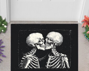 Kissing Skeletons Floor Mat, Gothic Love Rug, Macabre Home Decor, Vintage Woodcut Skeleton Mat, Dark Aesthetic Art