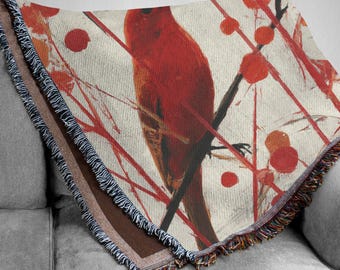 Abstract Red Bird Woven Blanket, Cardinal on Branch Tapestry, Modern Winter Berries Home Decor, Vibrant Nature Art Throw, Wildlife Gift