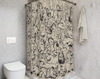 Abstract Animal Scribble Shower Curtain, Ink Sketch Hidden Faces Bath Decor, Avant Garde Black and Beige Art, Unique Illustration Decor
