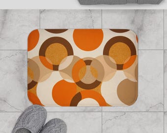 Retro 70s Bath Mat, Mid Century Modern Bathroom Rug, Orange and Brown Geometric Decor, Heavy Duty Non Slip Bathmat, Groovy 1970s Floor Rug