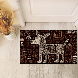 Aztec Dog Floor Mat, Tribal Pattern Area Rug, Keith Haring Inspired Decor, Ethnic Dog Lover Gift, Heavy Duty Mudroom Mat, Southwestern Rug