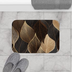 Luxe badmat skeletbladeren, botanisch tapijt goudfolie, elegant zwart en brons badkamerdecor, stevige antislip microvezelmat