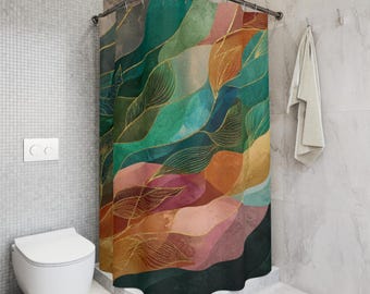 Luxury Emerald Green Shower Curtain, Organic Wave Abstract Art, Teal Gold Leaf Bathroom Decor, Elegant Flowing Design, Fluid Art Bath Set