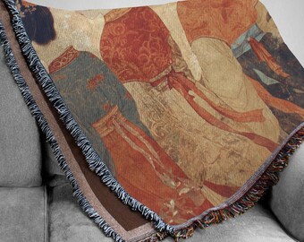 Traditional Asian Woven Blanket, Women in Kimono Tapestry, Oriental Floral Wall Art, Gold Leaf Style Throw, Vintage Hanfu Decor, Zen Gift