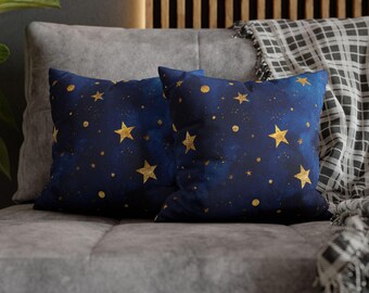 Starry Night Throw Pillow, Celestial Gold Star Cushion, Navy Watercolor Pillow, Galaxy Nursery Decor, Mystical Stardust Accent, Dreamy Gift