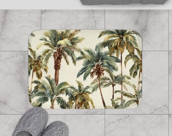 Tropical Palm Tree Bath Mat, Vintage Watercolor Island Bathroom Rug, Coastal Summer Home Decor, Heavy Duty Non Slip Mat,Beach House Bath Rug