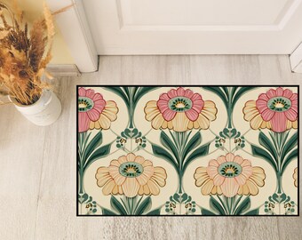 Vintage Floral Floor Mat, Art Nouveau Welcome Mat, Heavy Duty Symmetrical Flower Rug, Retro Botanical Door Mat, Chic Victorian Home Decor