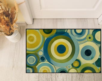 Mid Century Modern Floor Mat, Geometric Circle Welcome Mat, Heavy Duty Abstract Door Mat, Retro Green Blue Rug, Minimalist Home Entry Decor