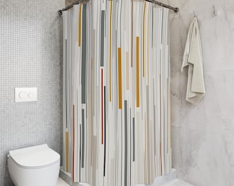 Minimalist Vertical Stripe Shower Curtain, Abstract Earth Tone Bath Decor, Modern Neutral Line Art, Mid Century Ochre Charcoal Bathroom