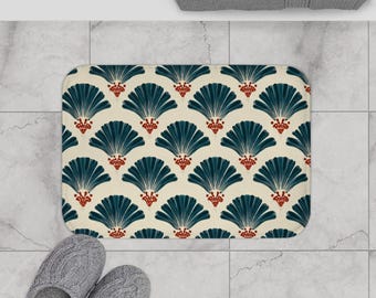 Art Deco Fan Bath Mat, Teal and Red Floral Rug, Vintage Style Patterned Decor, Non Slip Heavy Duty Washable Plush Bathroom Floor Mat