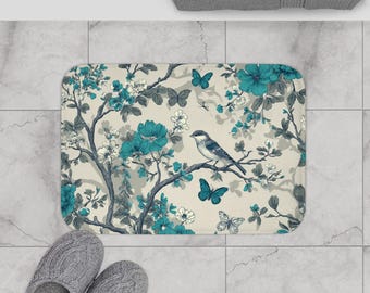 Teal Chinoiserie Bath Mat, Floral Bird and Butterfly Bathroom Rug, Elegant Botanical Decor, Heavy Duty Non Slip Mat, Vintage Garden Rug