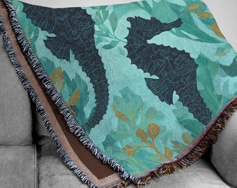 Coastal Seahorse Woven Blanket, Teal Seaweed Tapestry, Undersea Garden Wall Art, Nautical Teal Gold Throw, Beach House Decor,Ocean Life Gift