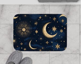 Celestial Moon Bath Mat, Starry Night Bathroom Rug, Navy Gold Astrology Decor, Heavy Duty Witchy Bathmat, Vintage Mystic Space Floor Rug
