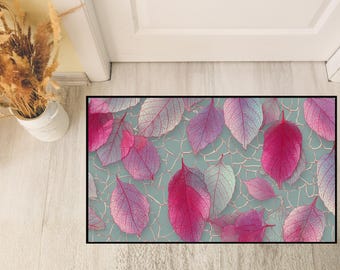 Pink Skeleton Leaf Floor Mat, Floral Heavy Duty Rug, Botanical Entryway Mat, Nature Inspired Decor, Durable Washable Indoor Outdoor Rug