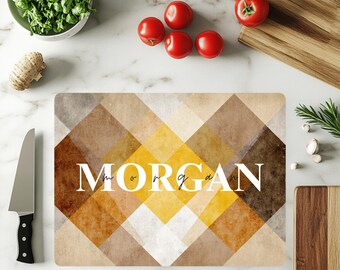 Mid-Century Earth Tone Geometric Glass Cutting Board, Abstract Diamond Pattern Kitchen Decor, Personalized Modern Gift, Custom Glass Server