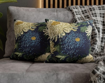 Large Chrysanthemum Throw Pillow, Navy Blue Floral Cushion, Vintage Japanese Floral Decor, Bold Flower Pillow Cover, Floral Accent