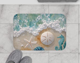 Coastal Beach Bath Mat, Seahorse Starfish Bathroom Rug, Textured Ocean Shore Decor, Heavy Duty Nautical Bathmat, Sand Dollar Sea Shell Rug