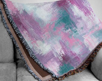 Pastel Abstract Palette Knife Woven Blanket, Pink and Teal Paint Tapestry, Textured Oil Painting Throw, Colorful Fine Art Home Decor