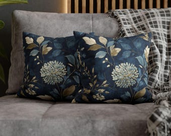Navy Floral Throw Pillow, Vintage Flower Accent Cushion, Botanical Home Decor, Dark Blue Floral Pillow Cover, Cottagecore Decor Gift