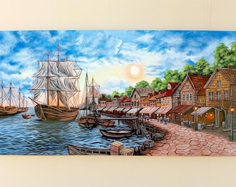 Cuadro panorámico de un gran velero en un puerto, 80x20 cm.