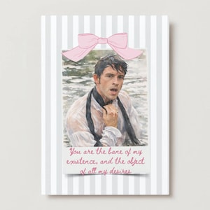 May include: A watercolor print featuring a man in a wet white shirt and black tie, with a pink bow at the top. The print includes the text "You are the bane of my existence, and the object of all my desires."