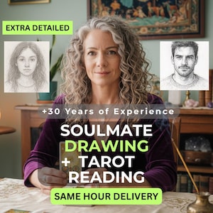 May include: A woman with gray curly hair holds a tarot card, with text that reads "SOULMATE DRAWING + TAROT READING" and "SAME HOUR DELIVERY". Two pencil portraits are in the background, with the text "+30 Years of Experience" and "EXTRA DETAILED".