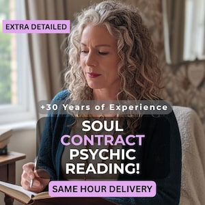 Puede incluir: Imagen de una mujer con cabello rizado gris, sosteniendo un bolígrafo sobre un libro abierto. El texto en la imagen dice "EXTRA DETAILED", "+30 Years of Experience", "SOUL CONTRACT PSYCHIC READING!" y "SAME HOUR DELIVERY".